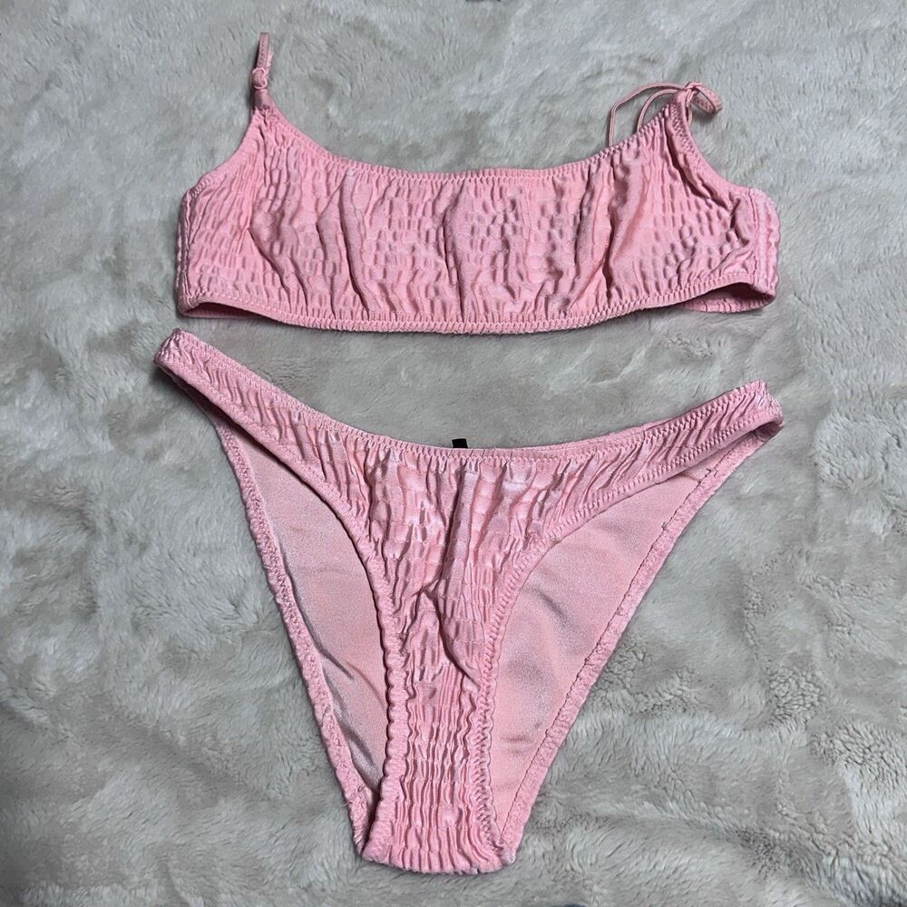 TRIANGL Pink Crinkled Smocked Textured Bikini Set Scoop Top Cheeky Bottom Small